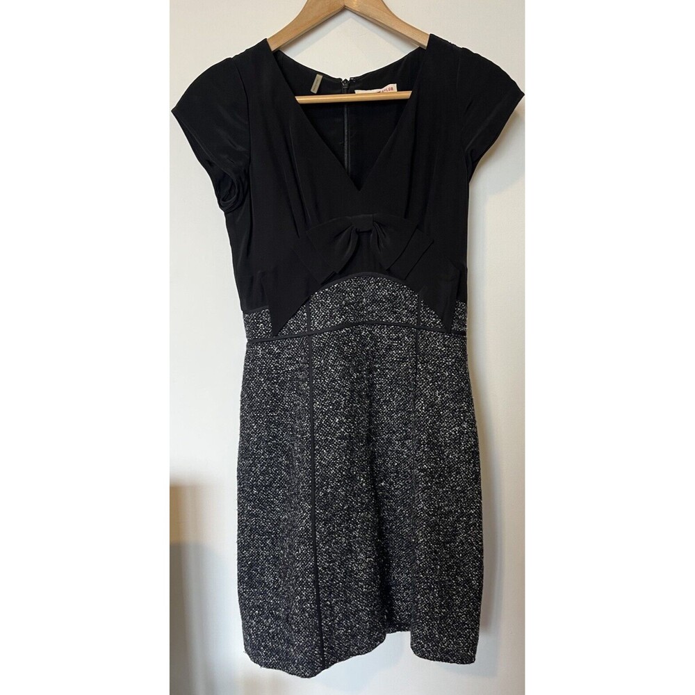 Rebecca Taylor Black Cap Sleeve Bow Front Silk Tweed Combo Mini Dress Si…